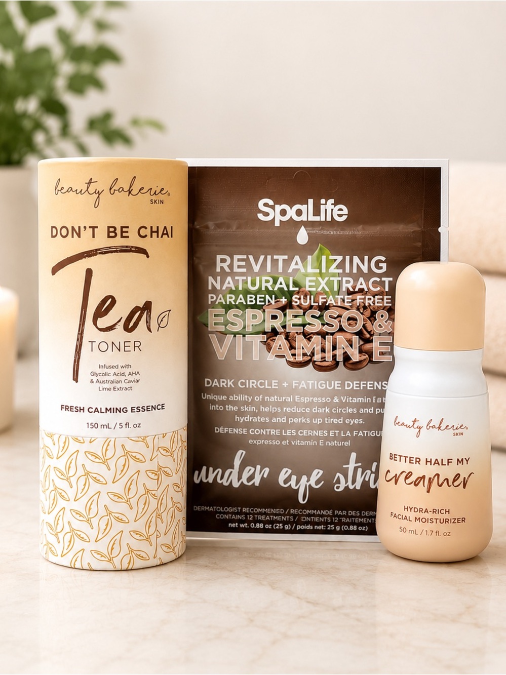 Beauty Bakerie Toner + Better Creamer Moisturizer + SpaLife Espresso Eye Strips